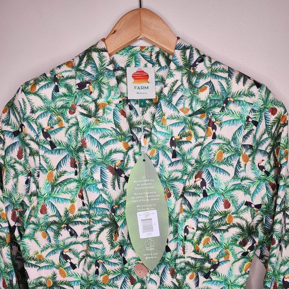 Farm Rio Tropical Toucans 100% Linen Blazer Jumpsuit Small Coastal Vacation NEW - Picture 15 of 16